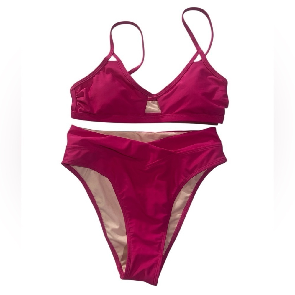 Cupshe Hot Pink Bikini Set Small Adjustable High Cut